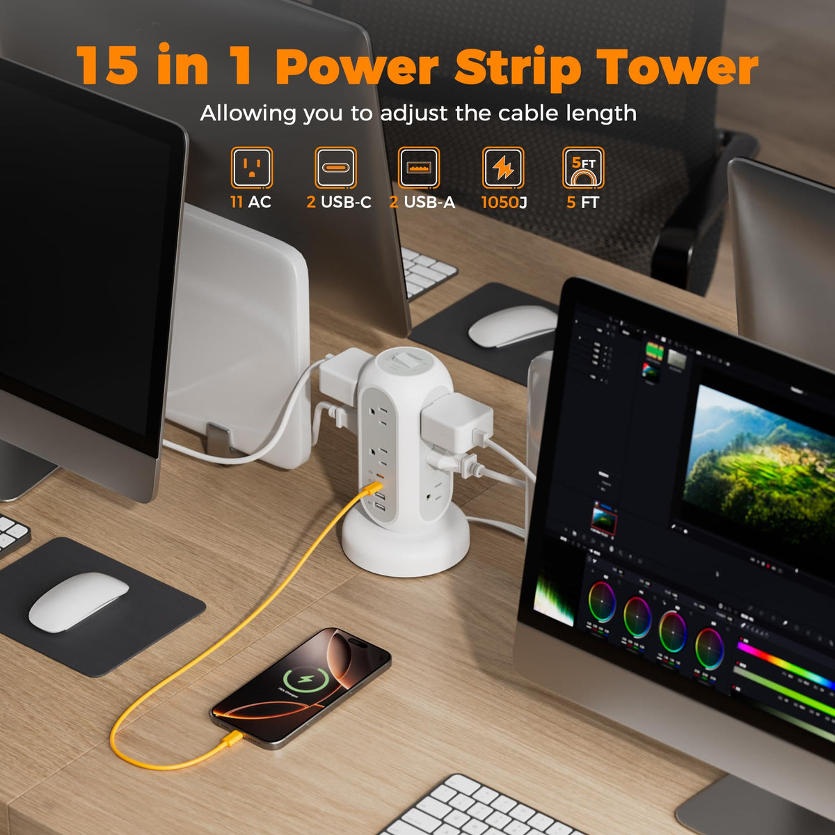 TESSAN Tower Power Strip Flat Plug with 1050J Surge Protection, 6 Ft, Black