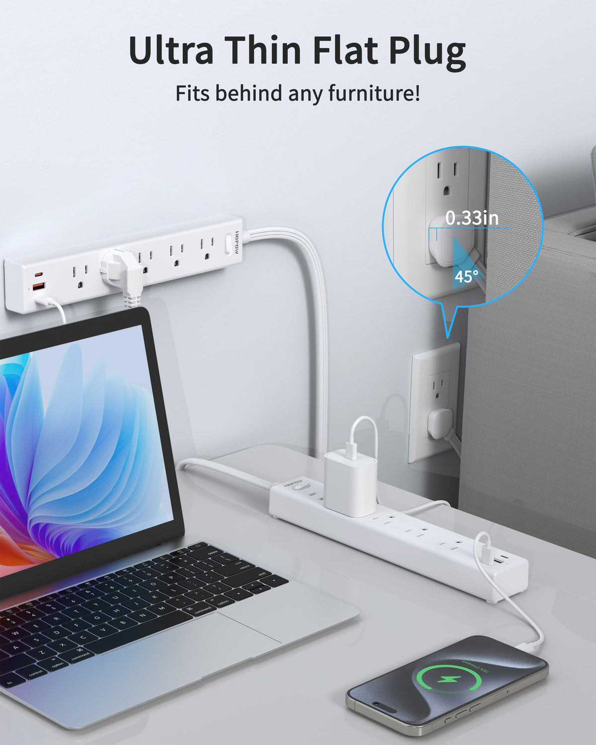 6FT Surge Protector Power Strip, 1700J, 5AC&1A2C, Flat Plug Extension Cord