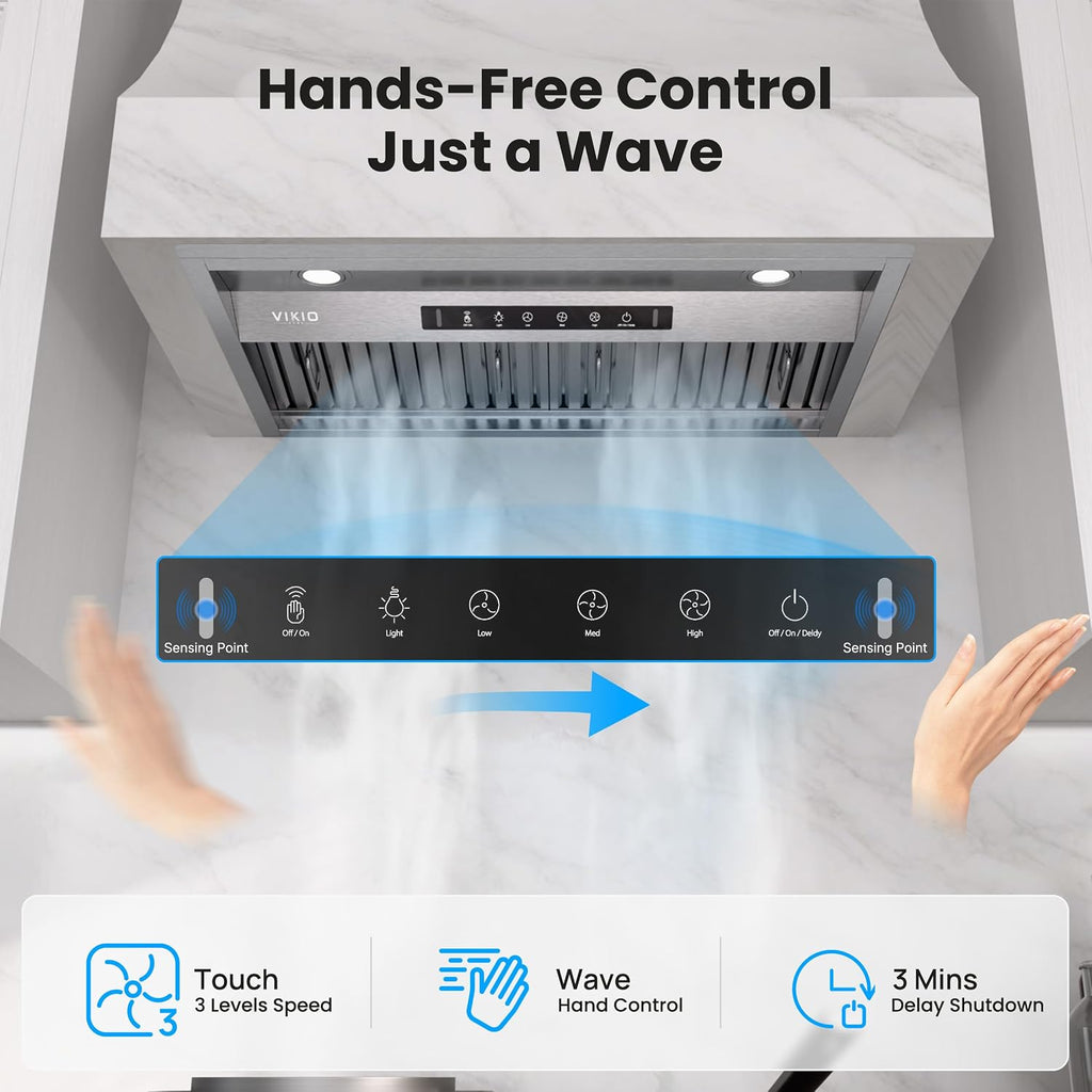 VIKIO HOME 30 Inch Range Hood Insert, 980 CFM, Dual-Intake, Gesture & Touch