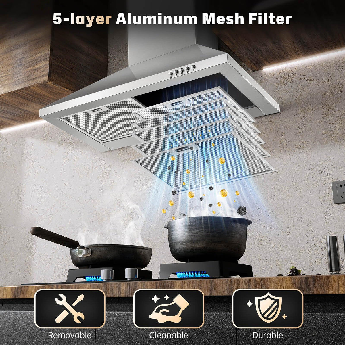 SNDOAS Range Hood 30 inch,Wall Mount Range Hood in Stainless Steel With Ducted/Ductless Convertible,Stove Vent Hood with Aluminum Filters,3 Speed Exhaust Fan,LED Light,Button Control