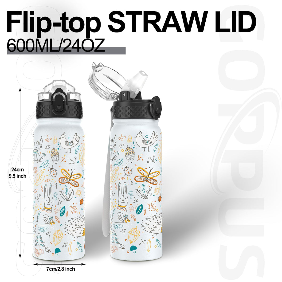 GOPPUS 600ml/20oz Stainless Water Bottle with Straw Double Wall Insulated Bottles with Strap One Hand Open Vacuum Thermal Flask with Flip Top Lid Leakproof Keep Cold Drinks BPA Free