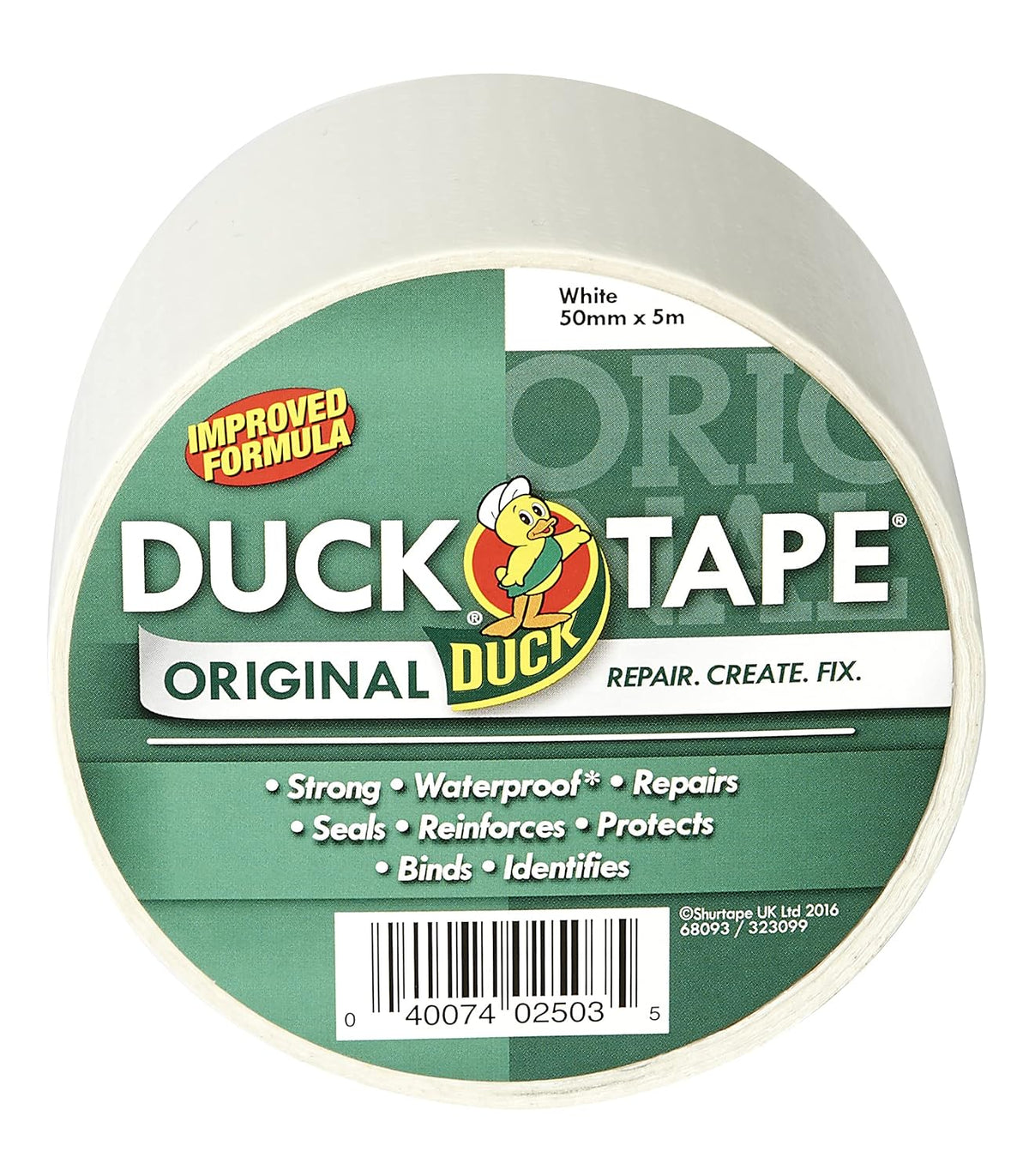 Duck Tape Original White Duct Tape, 50mm x 5m Heavy Duty, Waterproof Gaffer, Gaffa Sticky Tape, Strong Adhesive Cloth Repair Tape, Suitable for Packing boxes, Moving House, Parcels or Packaging