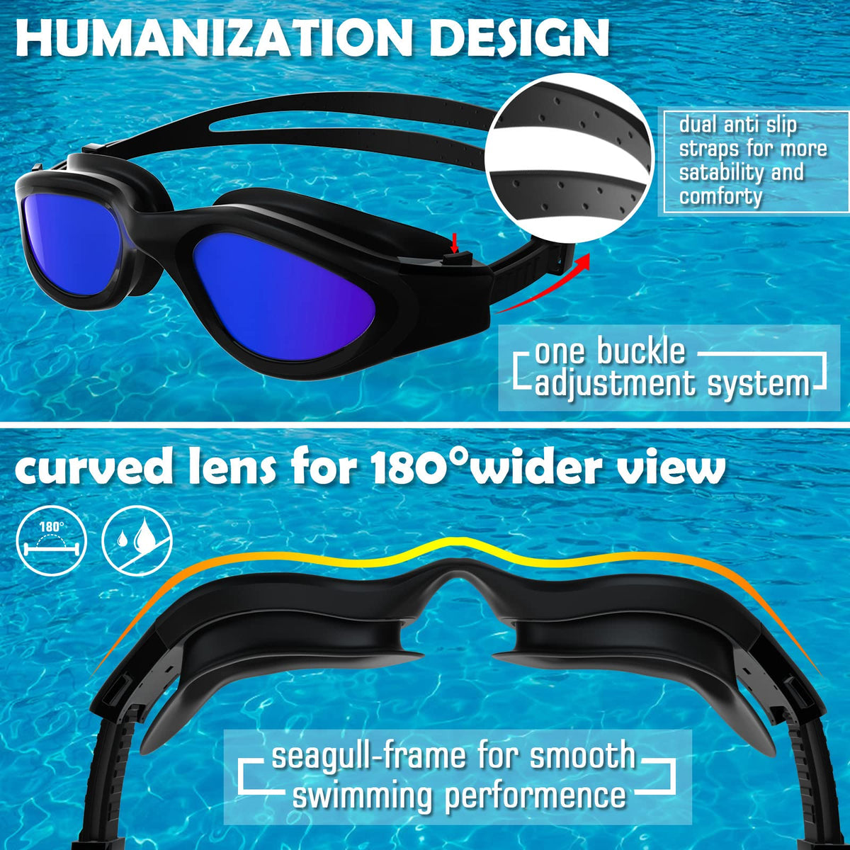 Winline Adult Swimming Goggles,Open Water Goggles Swimming Anti Fog UV Protection No Leakage Clear Vision Easy to Adjust for Adults Men Women Teenagers