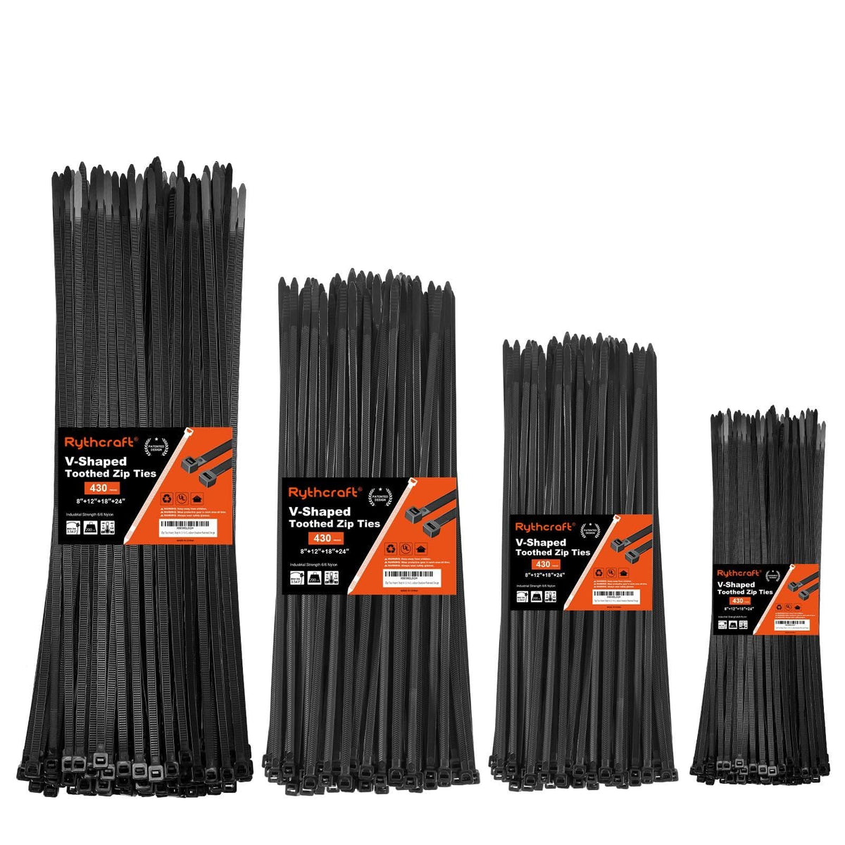 Rythcraft 12" Cable Zip Ties Heavy Duty, 200 LBS Test Tilted Tooth, 80 Pack