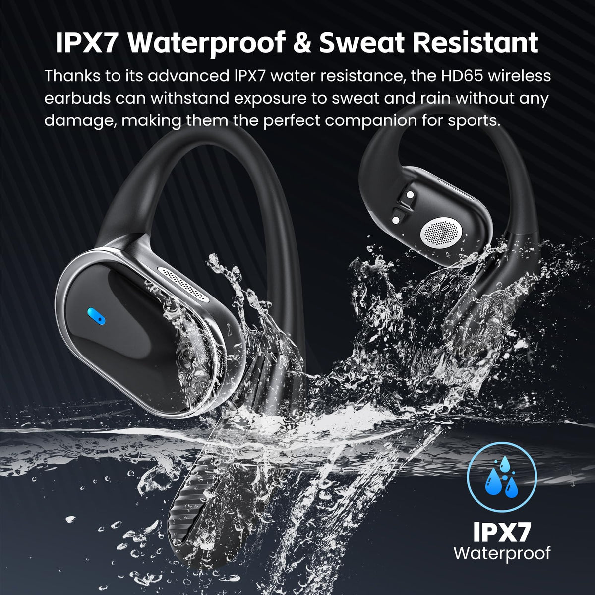 Open Ear Wireless Earbuds Bluetooth Headphones, 80H Playtime Stereo Ear Buds with ENC Noise Cancelling, Fast Charging, IPX7 Waterproof Sports Earphones with Earhook for Running/Workouts (Black)