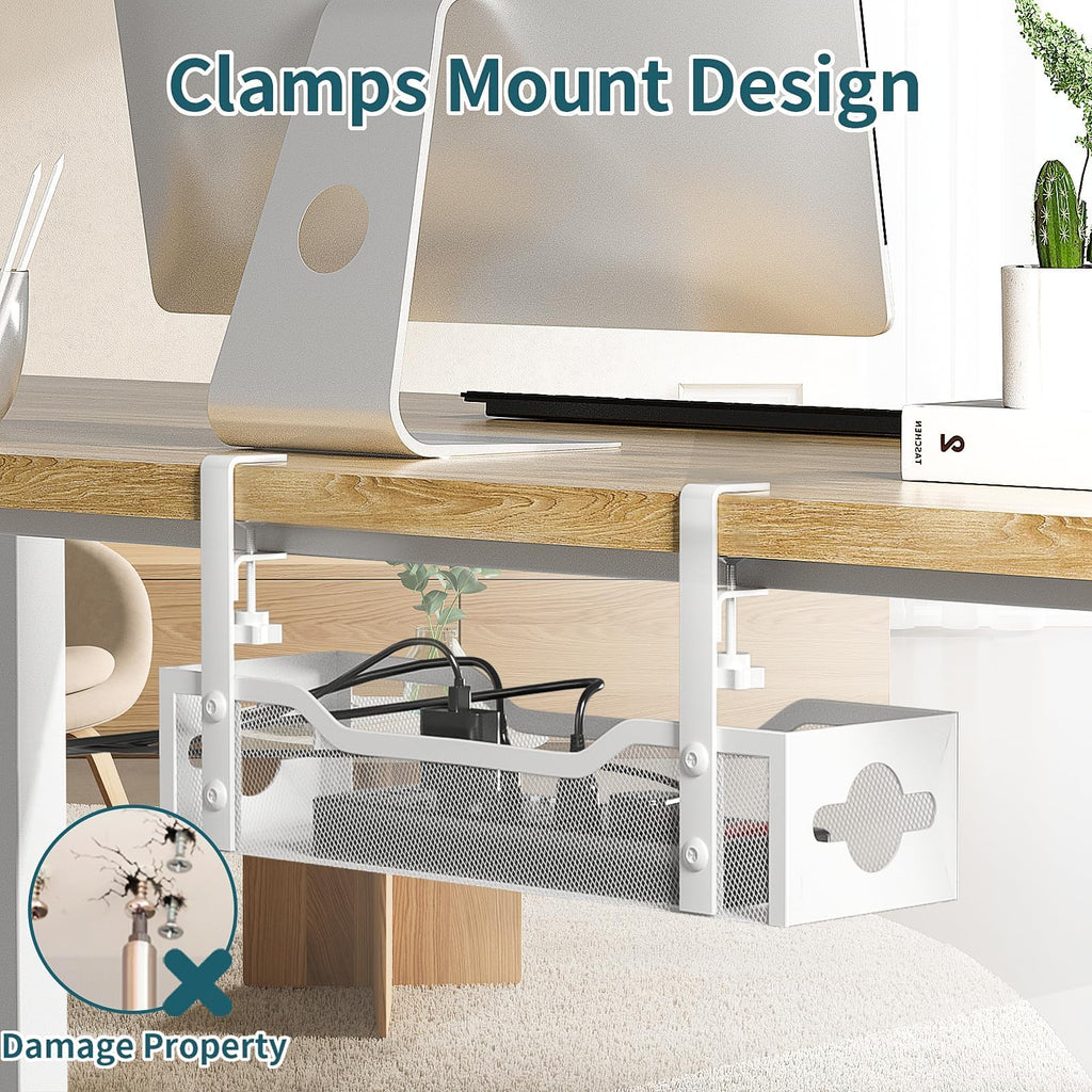 Under Desk Cable Management Tray 2 Pack, No Drill Cable Organizer With Clamp for Standing Desk, Easy to Install Cord Management System, No Damage Wire Organizer