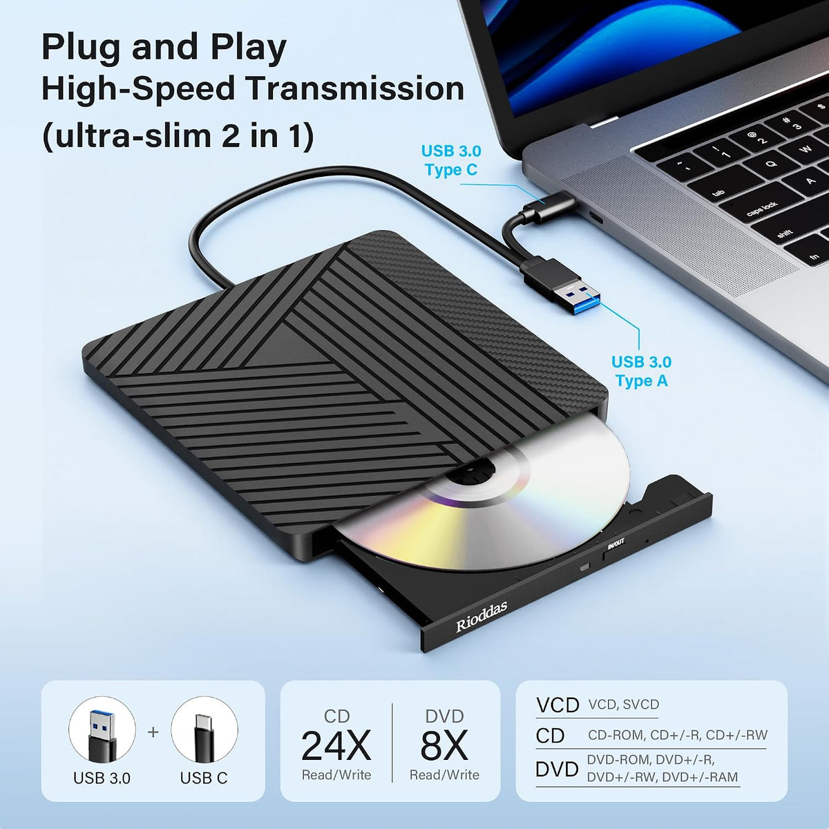 Rioddas External USB-C 3.0 CD/DVD Drive Burner +/-RW, Ultra-Slim Portable DVD Player Writer Reader for Windows 11/10/8 Linux, Laptop Desktop PC Mac iMac MacBook