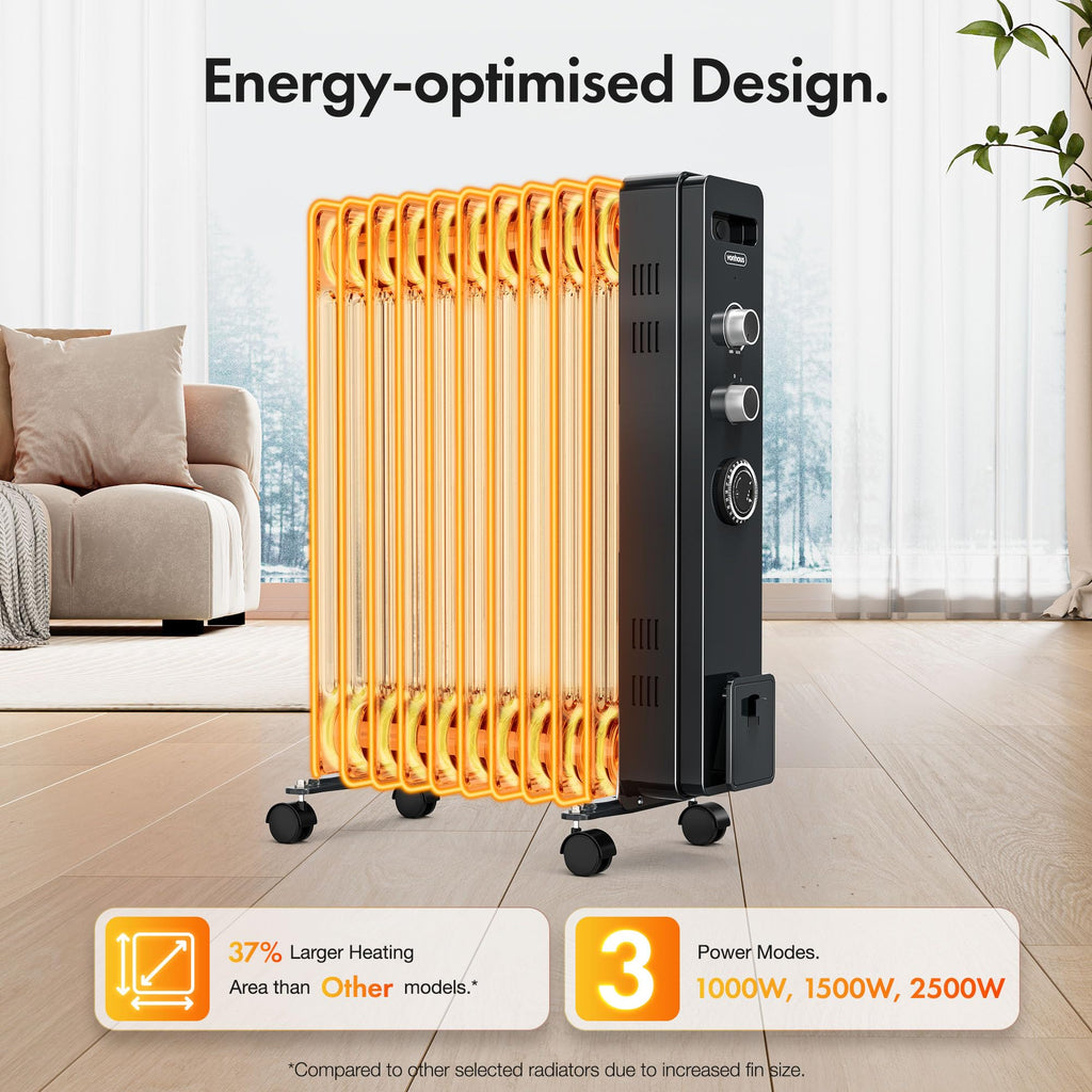 VonHaus Oil Filled Radiator 11 Fins – 2500W, 3 Heat Settings, 24 Hour Timer