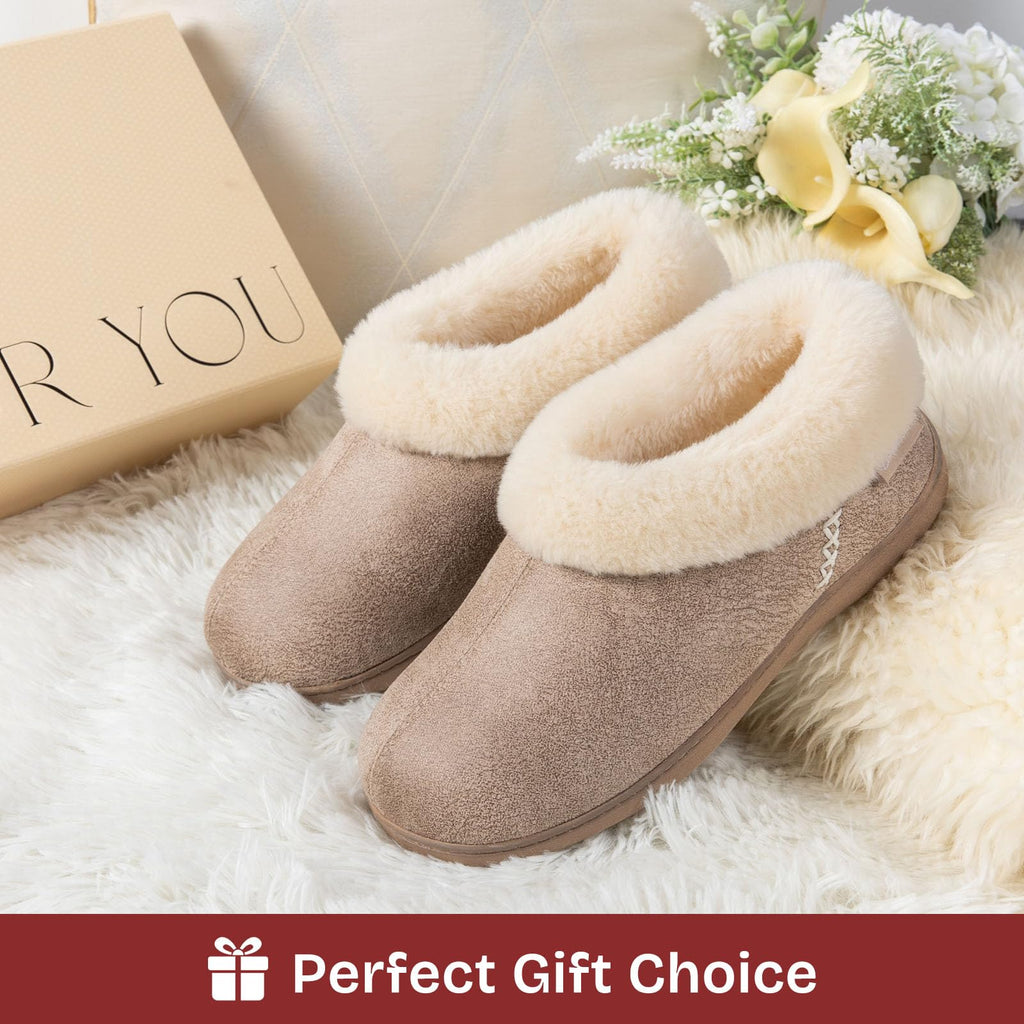 EverFoams Women's Suede Bootie Slippers Fuzzy Plush Collar Memory Foam