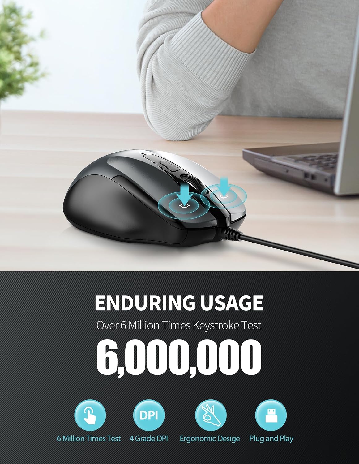 TECKNET USB Wired Mouse,6400 DPI Optical,6-Button Ergonomic Computer Mouse