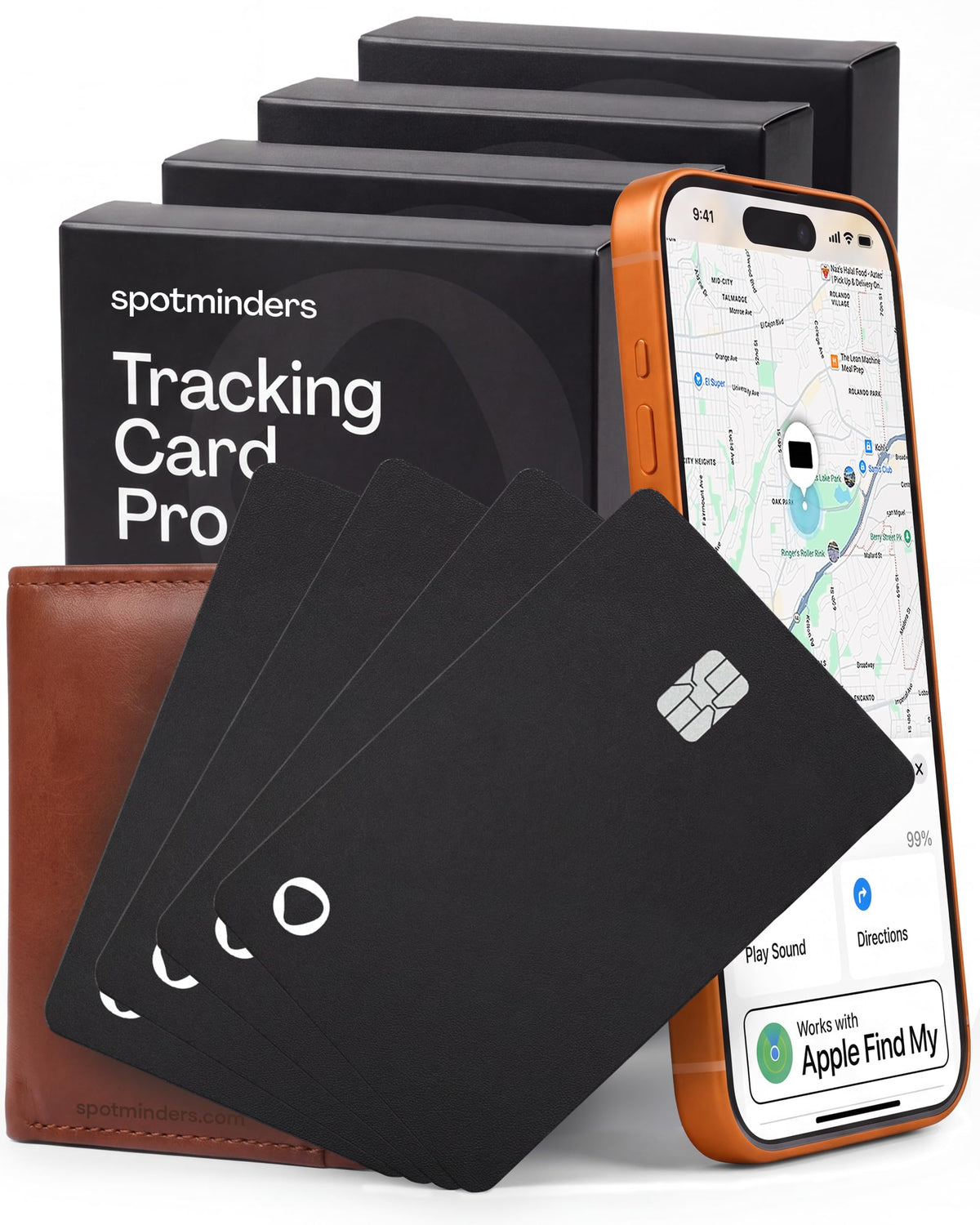 SPOTMINDERS Apple MFi Certified Wallet Tracking Card Black 4-Pack Travel Gifts for Him Works with Apple Find My Rechargeable Tracker IP68 Waterproof 0.07" Slim iPhone Item Finder for Luggage Passport