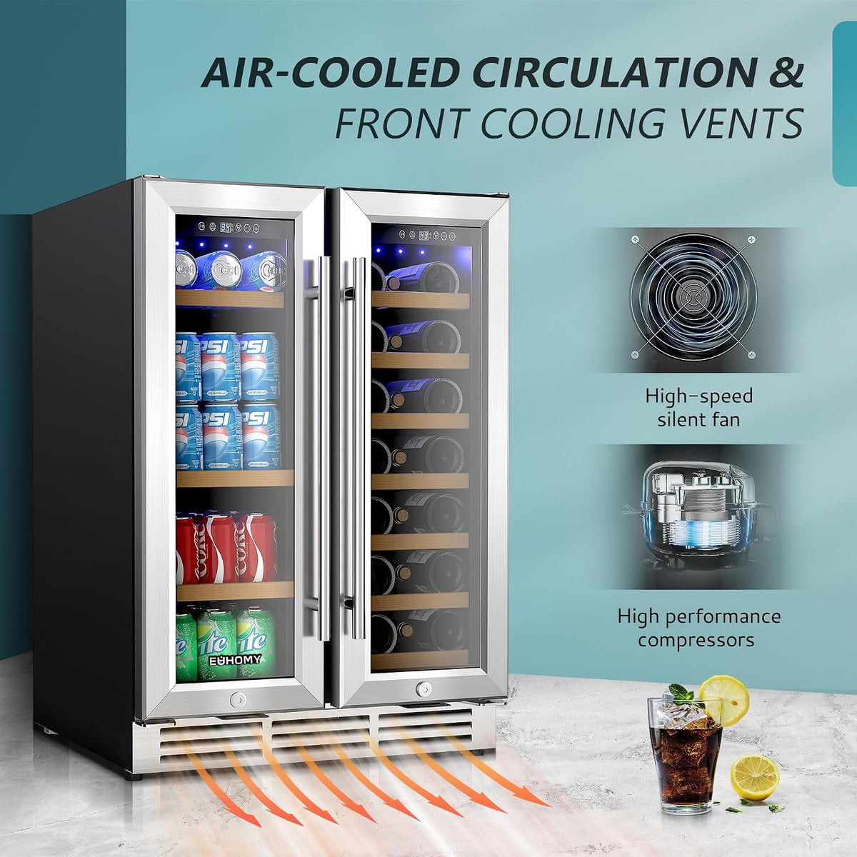 EUHOMY 24 Can Mini Fridge, 18L Beverage Refrigerator with Quiet Compressor