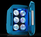 Frigidaire Gaming Light Up Mini Beverage Refrigerator, 6 can, 4 liters, Cooler with large see through door and LED lights Perfect for Gaming Experience, Home, Office, or Cars.12V Charger (Blue)
