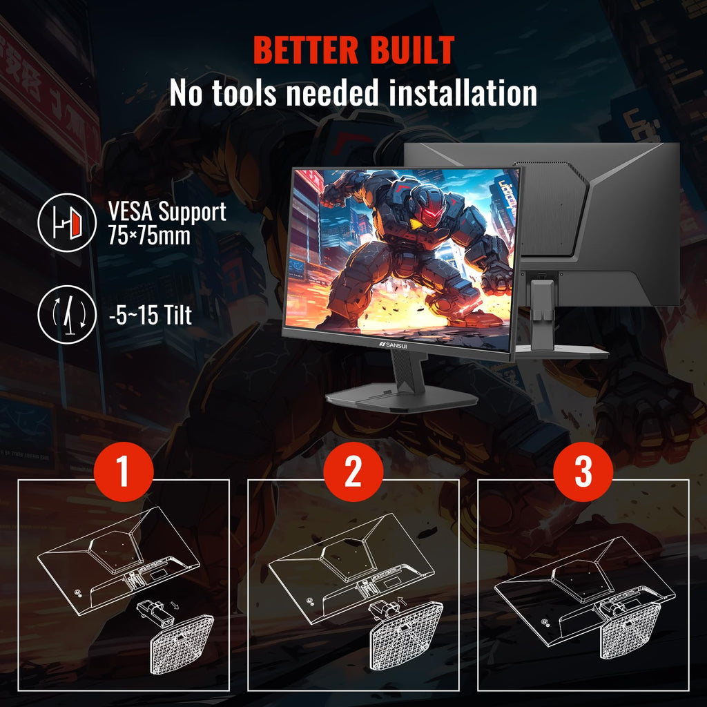 SANSUI 24 Inch Gaming Monitor 200Hz 1Ms FreeSync HDR 110% sRGB FHD 1080P Computer Monitor HDMI DP Ports Eye Care Frameless VESA Mount Cable Management(ES-G24F4L HDMI Cable Included)