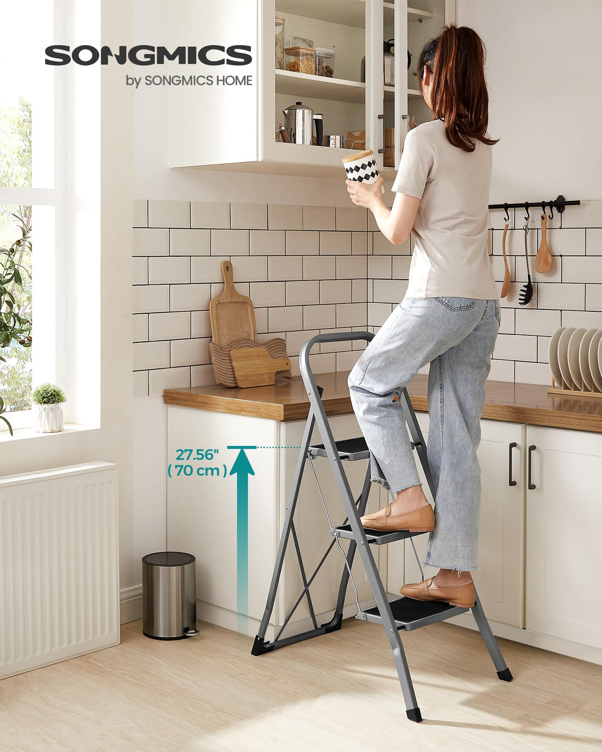 SONGMICS 3-Step Ladder, Folding Step Ladder, Safety, Holds up to 150KG