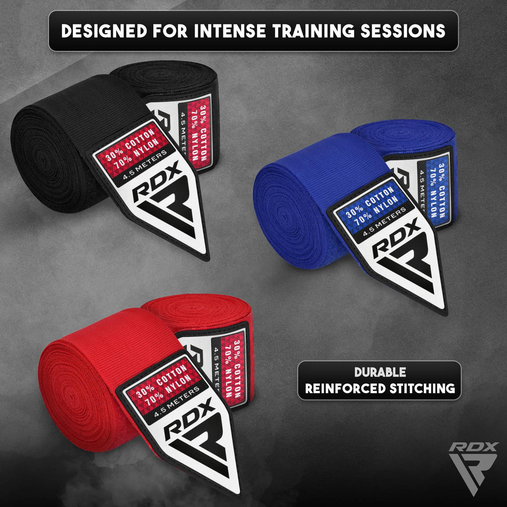 RDX Boxing Hand Wraps 4.5M / 180 Inches – Mexican Style Semi-Elastic MMA Inner Gloves - Wrist Support for Muay Thai, Kickboxing, BJJ, Karate - Thumb Loop & Hook and Loop Closure - Cotton & Nylon Blend