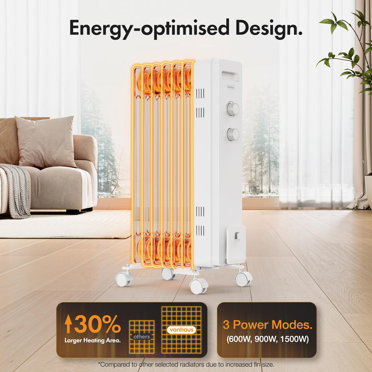 VonHaus Oil Filled Radiator 11 Fins – 2500W, 3 Heat Settings, 24 Hour Timer