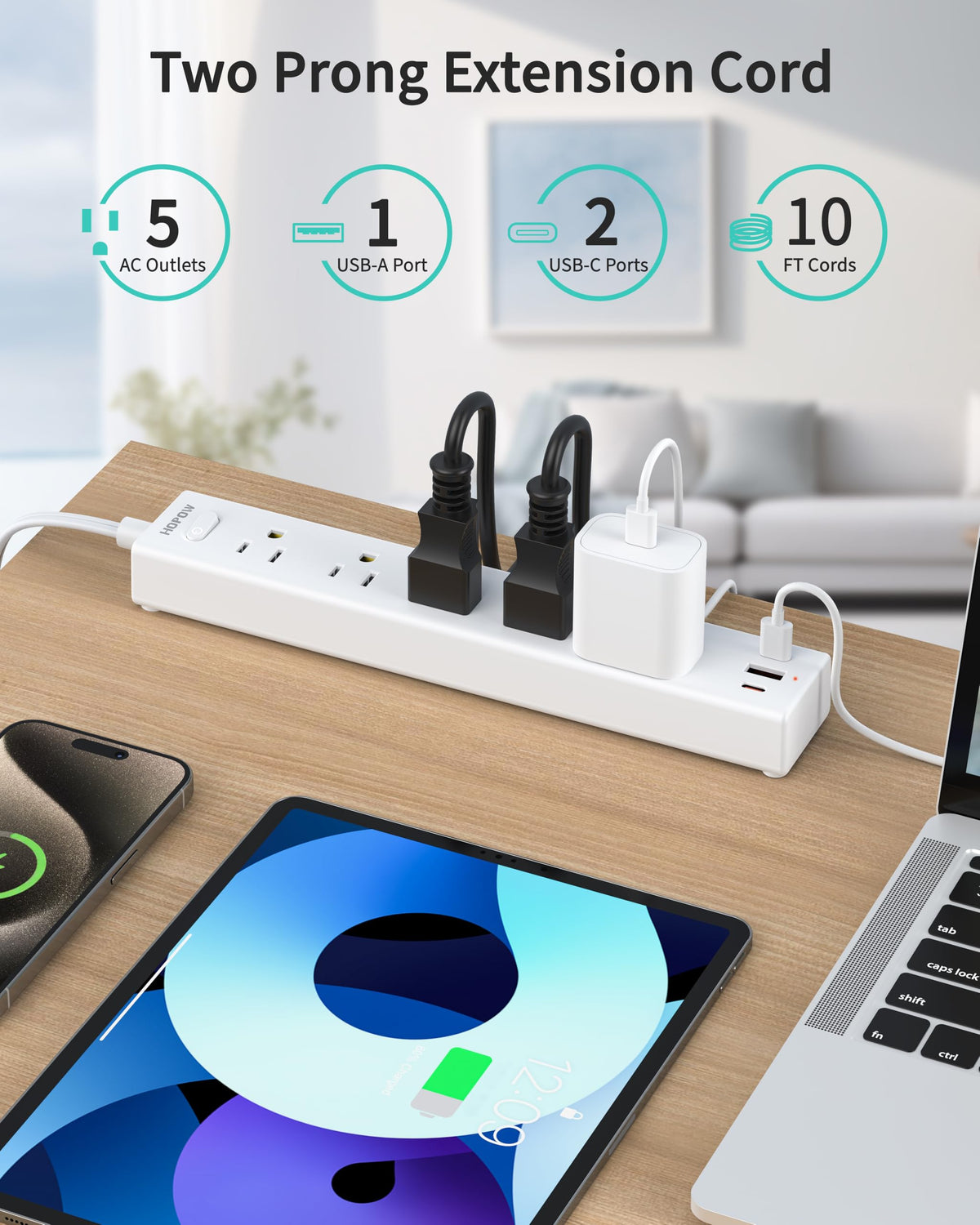 6FT Surge Protector Power Strip, 1700J, 5AC&1A2C, Flat Plug Extension Cord