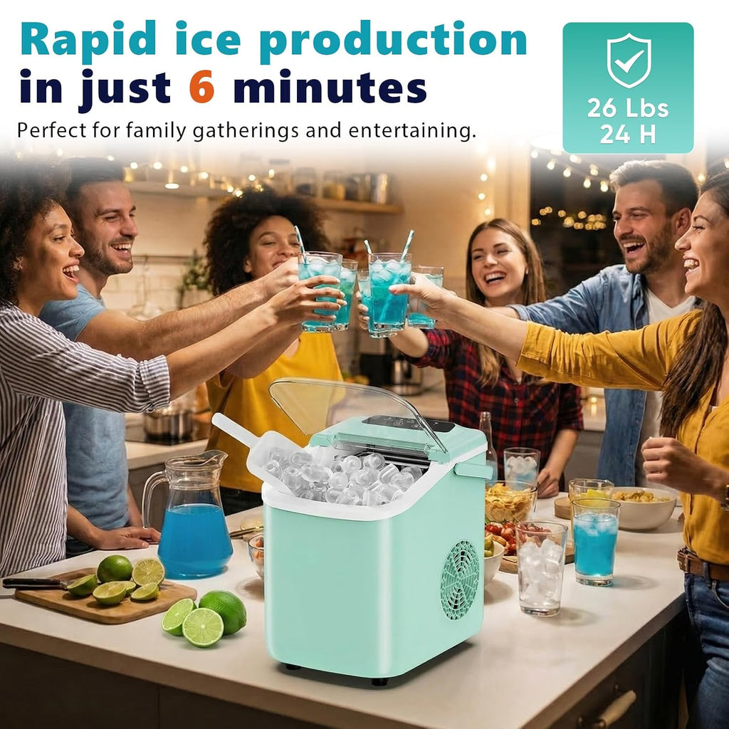 Sweetcrispy Countertop Ice Maker with Scoop, Basket and Handle, Portable Ice Machine 9 Cubes Ready in 6 Mins, 26.5lbs in 24Hrs, 2 Sizes for Home Kitchen Office Bar Party