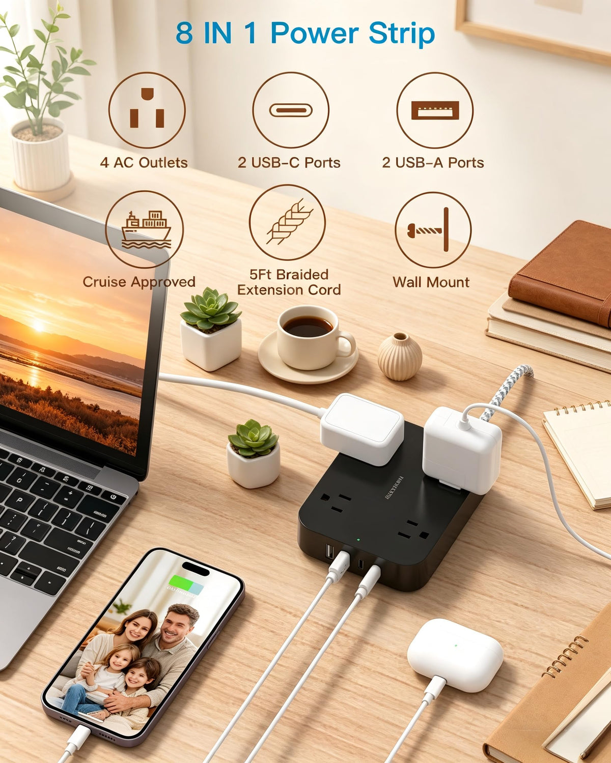 10 Ft Extension Cord, Flat Power Strip with 4 Outlets 4 USB Ports (2 USB C)