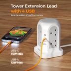 TESSAN 8 Way Black Tower Extension Lead 2M with 4 USB Slots (2 USB C)