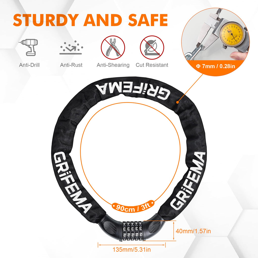 GRIFEMA GA1201-12 Bike Locks High Security with 2 Keys, Bike Chain Lock Heavy Duty, 120cm Bicycle/Cycling Locks for Bike Cycle, Moto, Door, Gate Fence, Black/White