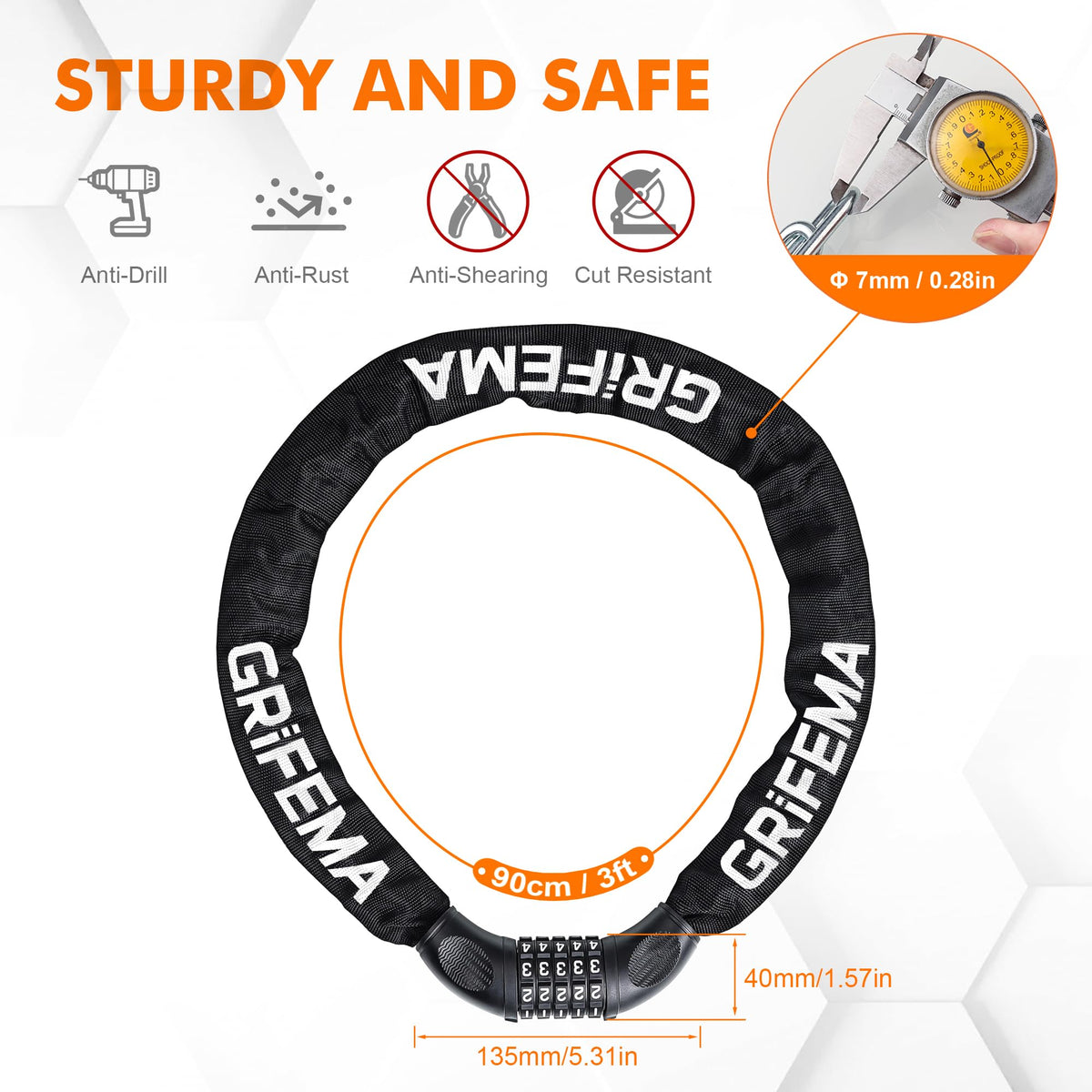 GRIFEMA GA1201-12 Bike Locks High Security with 2 Keys, Bike Chain Lock Heavy Duty, 120cm Bicycle/Cycling Locks for Bike Cycle, Moto, Door, Gate Fence, Black/White