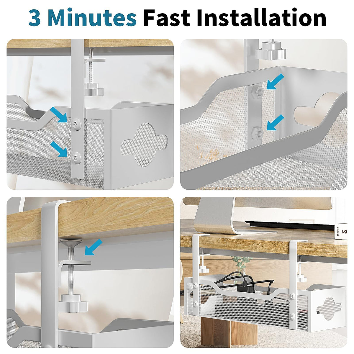 Under Desk Cable Management Tray 2 Pack, No Drill Cable Organizer With Clamp for Standing Desk, Easy to Install Cord Management System, No Damage Wire Organizer