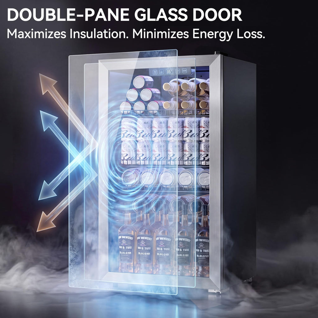 2.5 Cu.Ft Beverage Fridge, Glass Door Mini Fridge, Silver, 96 Can