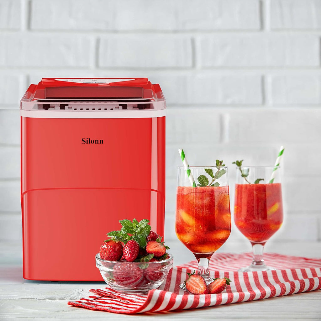 Silonn Ice Maker Countertop, 9 Cubes Ready in 6 Mins, 26lbs in 24Hrs, Self-Cleaning Ice Machine with Ice Scoop and Basket, 2 Sizes of Bullet Ice for Home Kitchen Office Bar Party