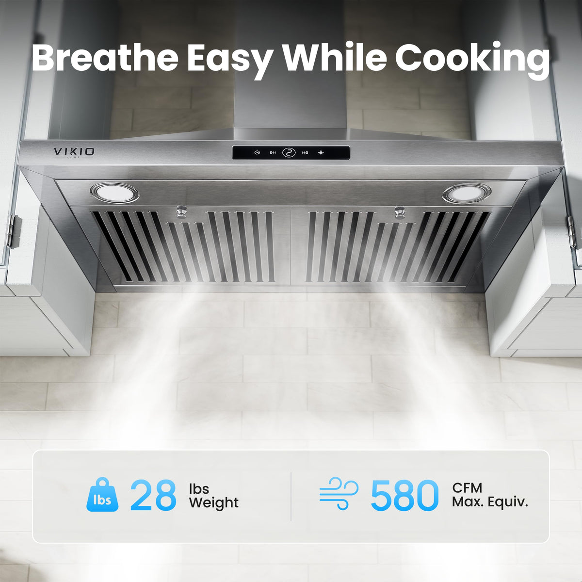 VIKIO HOME 36 Inch Wall Mount Range Hood 580CFM Low Noise Touch Control
