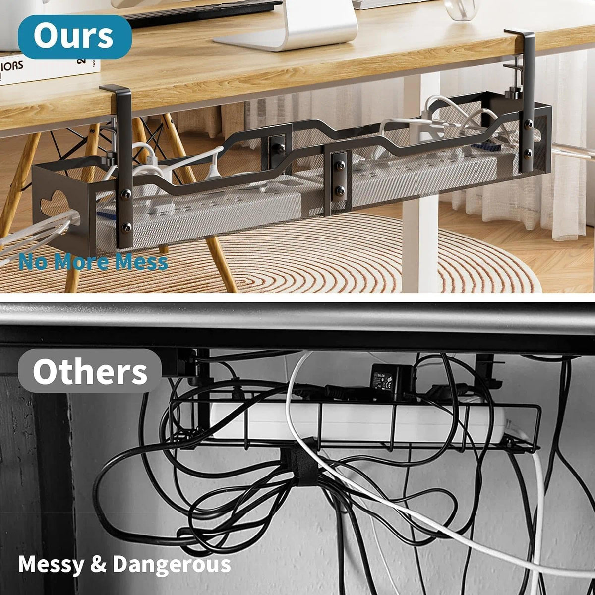 Under Desk Cable Management Tray 2 Pack, No Drill Cable Organizer With Clamp for Standing Desk, Easy to Install Cord Management System, No Damage Wire Organizer
