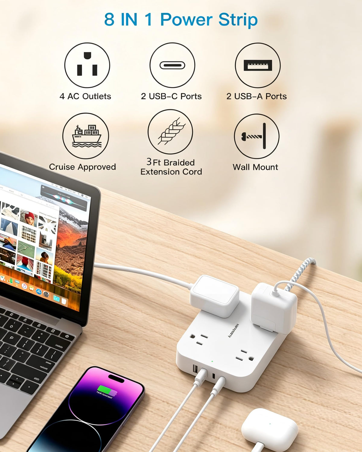 10 Ft Extension Cord, Flat Power Strip with 4 Outlets 4 USB Ports (2 USB C)