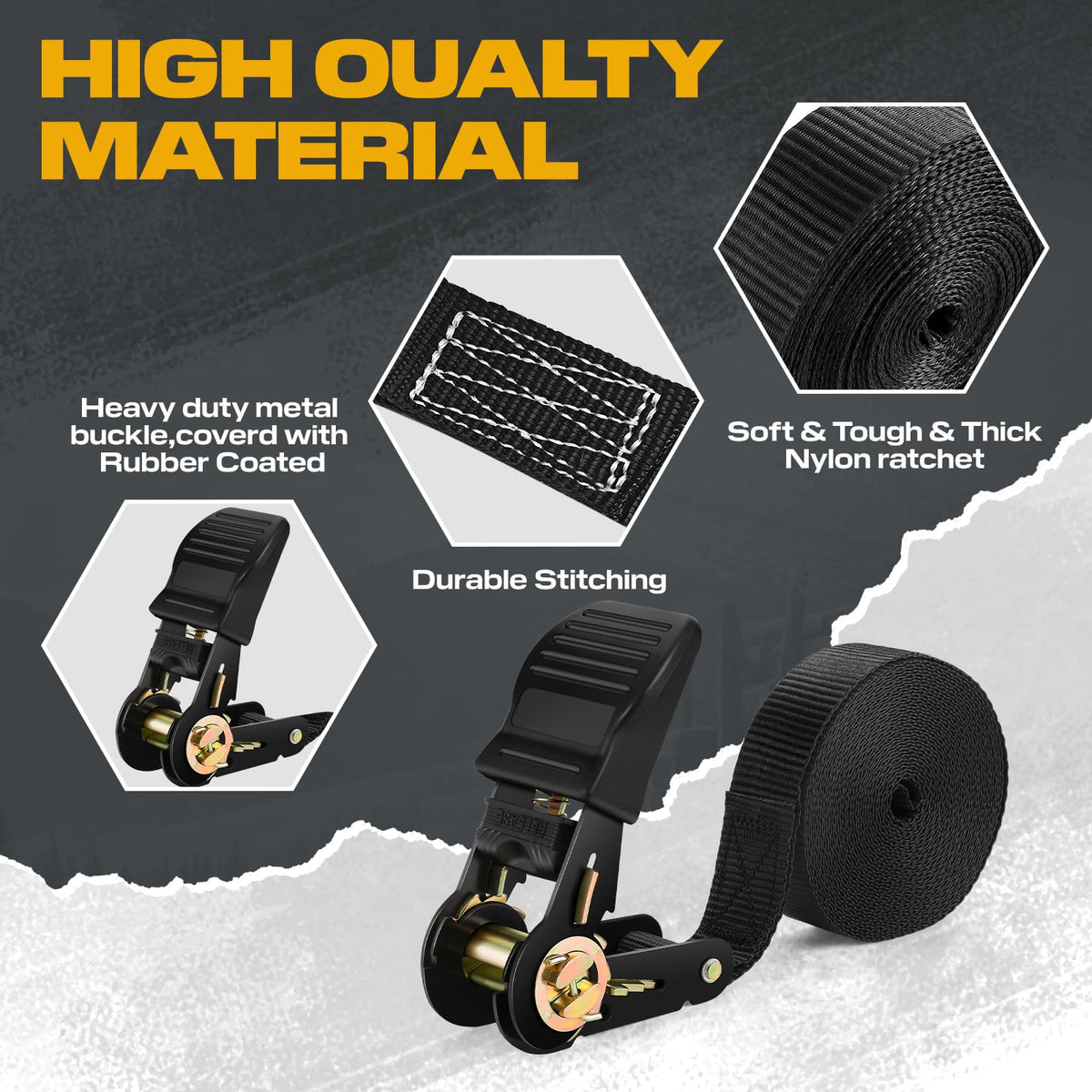 Ratchet Straps with Hook, 6M x 25MM, Heavy Duty, 4 Pack/Black