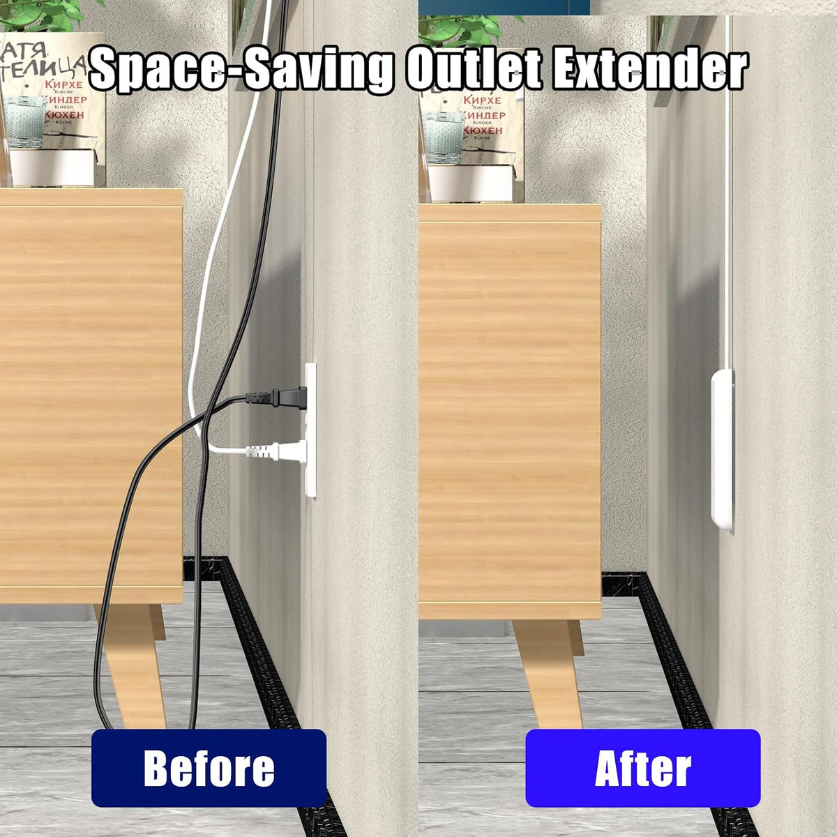 CABOCASA 3FT Flat Plug Extension Cord Power Strip 3 Outlets White Upward