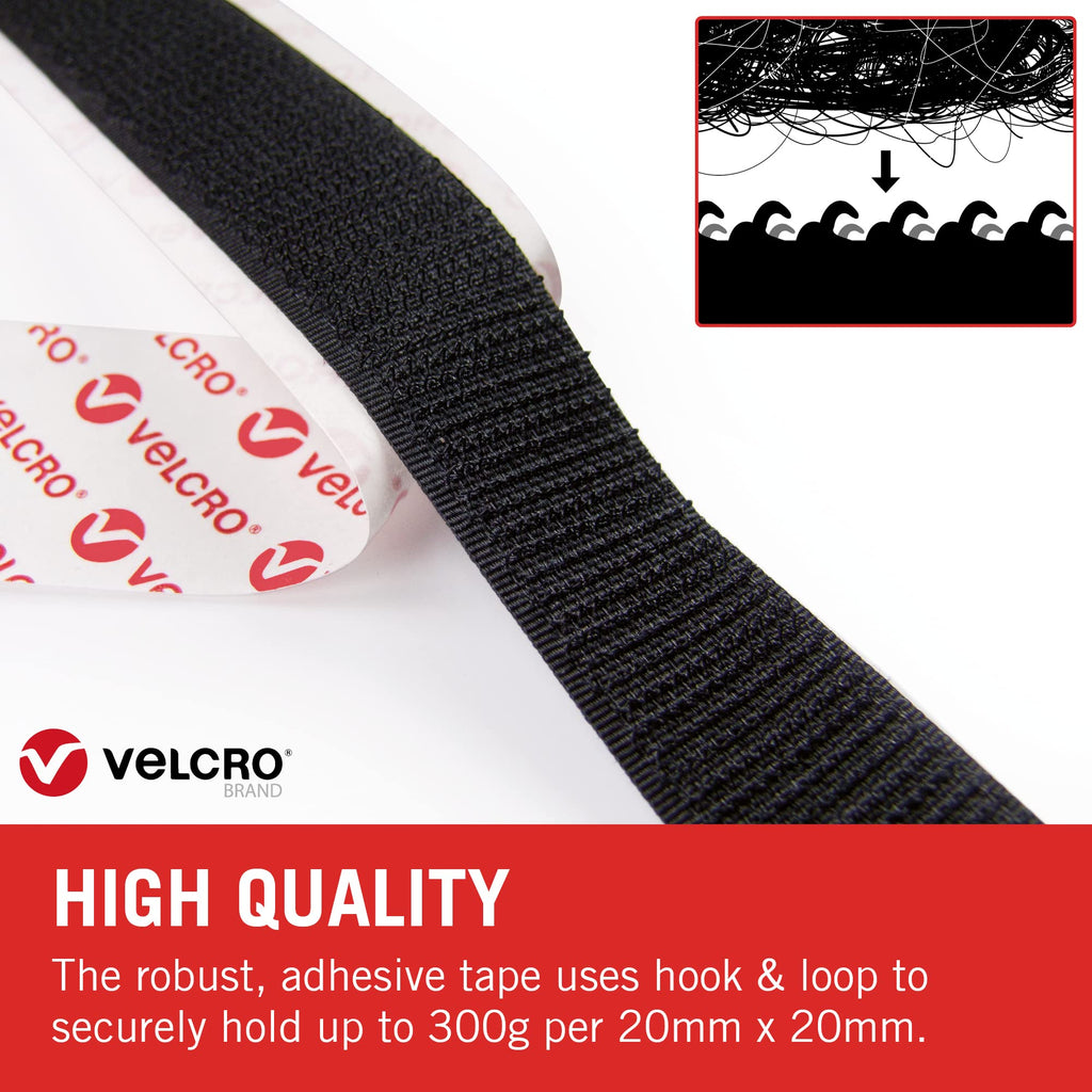 VELCRO Brand Stick On Tape Cut-to-Length Strong Hook & Loop Self Adhesive Sticky Tape Perfect for Room Décor & Home, Office, Garage Use Black 20mm x 50cm