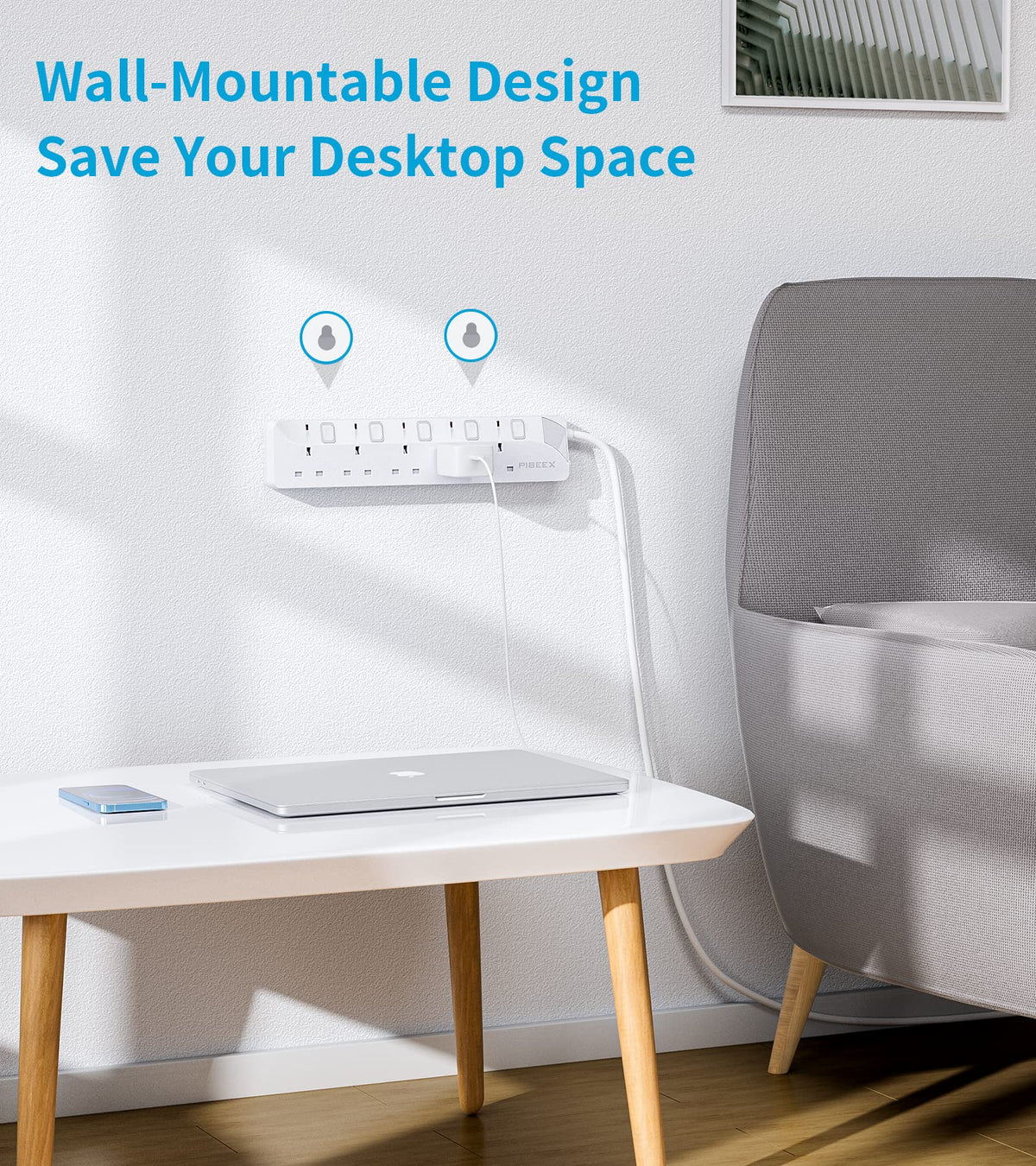 PIBEEX Extension Lead 2 Way Plug Sockets with Individual Switches Wall Mountable Power Strip 3M Extension Cable 13A Fused UK Plug 3250W