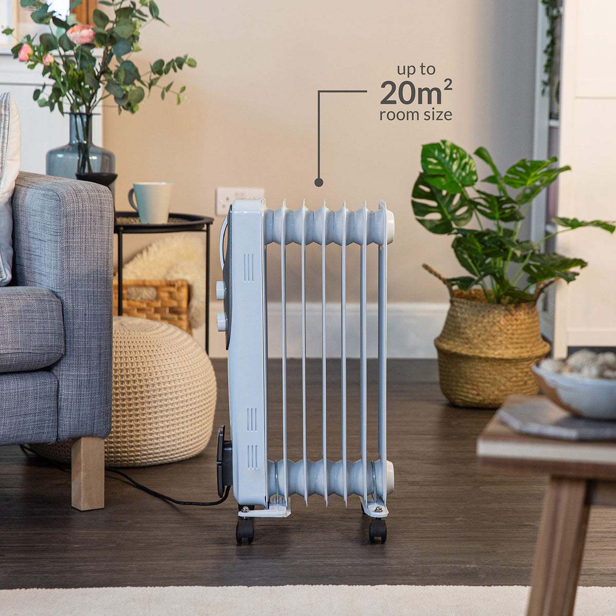 Russell Hobbs 2000W/2KW Oil Filled Radiator, 9 Fin Portable Electric Heater - White, Adjustable Thermostat with 3 Heat Settings, Safety Cut-off, 20 m sq Room Size, RHOFR5002, 2 Year Guarantee