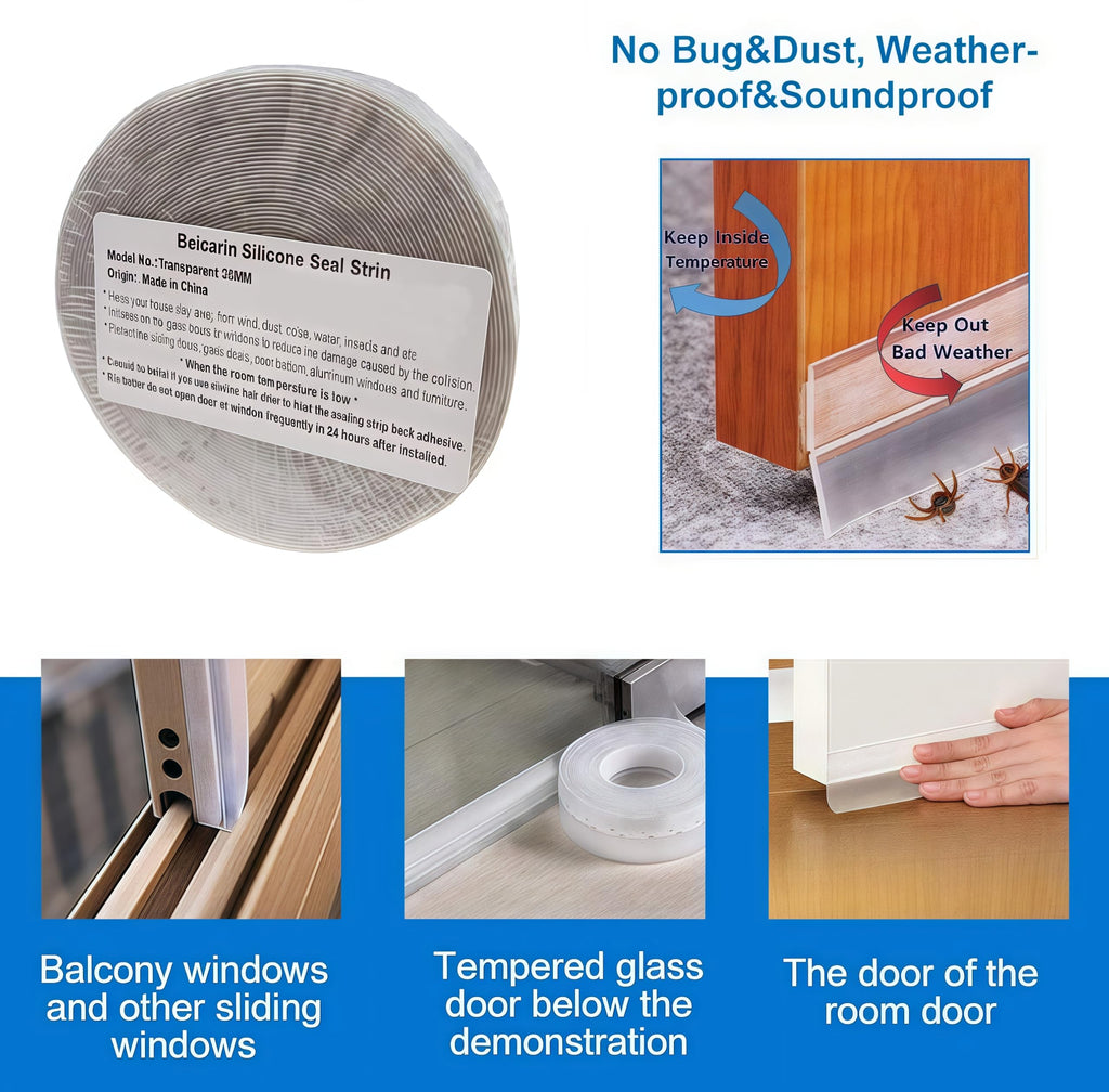 Silicone Seal Door Strip Bottom - 8M/26ft (W: 35MM) Silicone Sealing Sticker Self Adhesive Weather Stripping for Gaps of House, Glass Shower, Window and Door, Weatherproof Soundproof Insect Proof