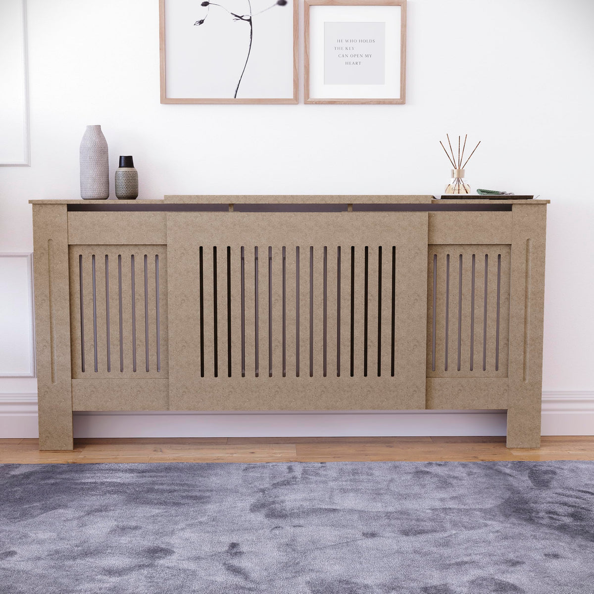 Vida Designs Chelsea Radiator Cover White - Medium - Modern Vertical Slat Design For Optimal Heat Circulation - H82xW111xD19cm - Painted MDF Cabinet Ideal For Living Room & Hallway