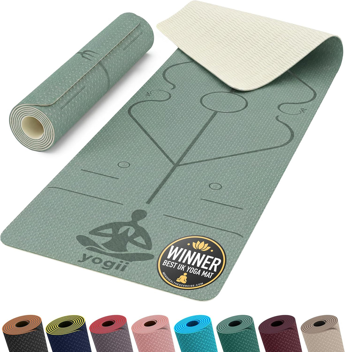 Yogii Yoga Mat - Non-Slip 6mm Thick TPE & Travel-friendly Yoga Mat - Perfect for Home & Gym Exercise Fitness & Pilates - With Laser Alignment Guides for Men & Women