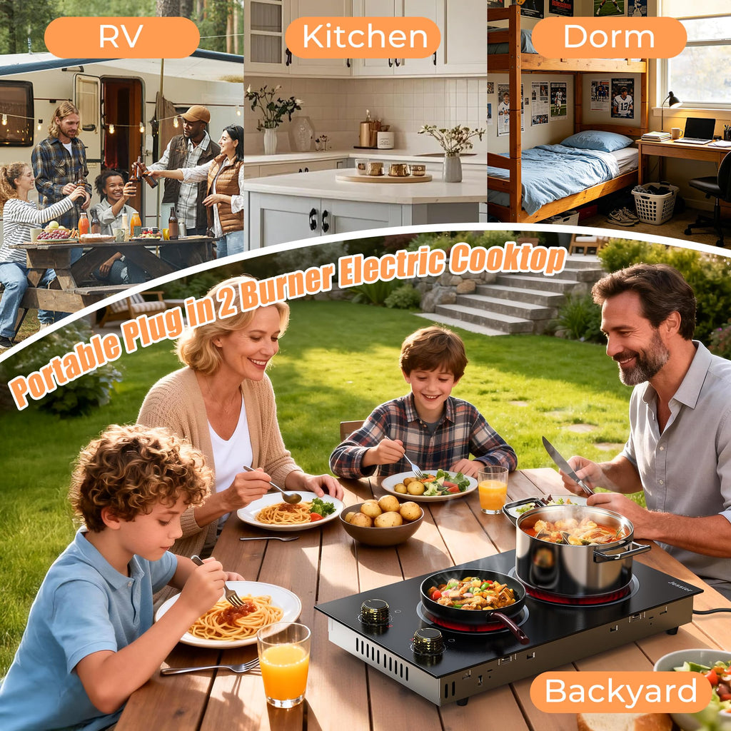 2 Burner Electric Cooktop 110V 2000W Countertop or Built-in