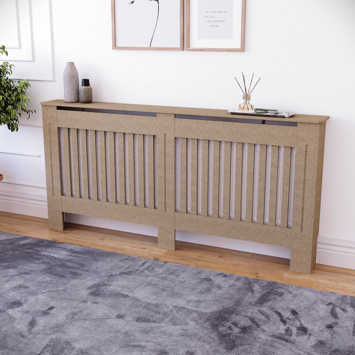 Vida Designs Chelsea Radiator Cover White - Medium - Modern Vertical Slat Design For Optimal Heat Circulation - H82xW111xD19cm - Painted MDF Cabinet Ideal For Living Room & Hallway