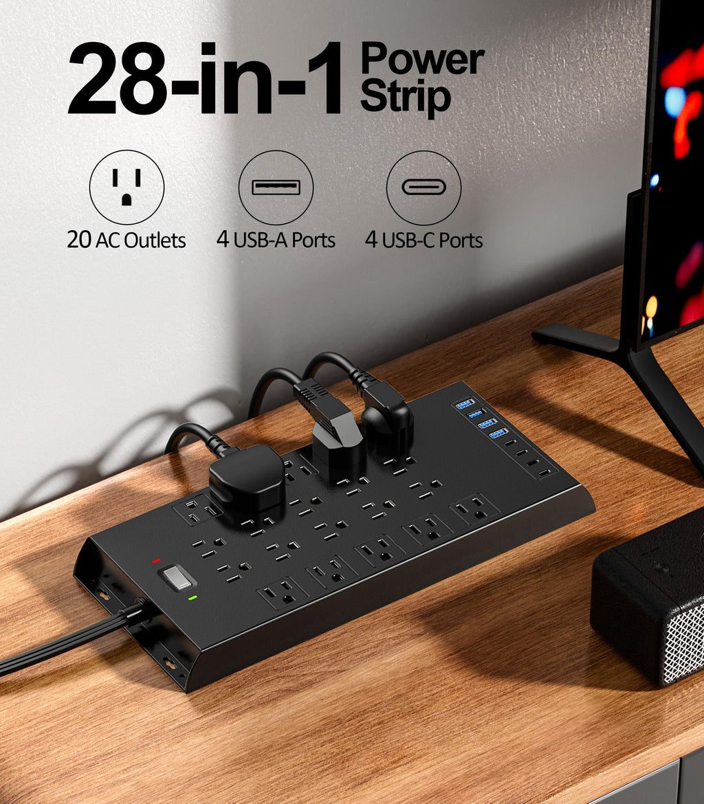 Surge Protector Power Strip 4800J, LeZone 10Ft Long Extension Cord Flat Plug, 20 Outlets 8 USB Ports(4 USB-C), Wall Mountable, Desk Charging Station, Black