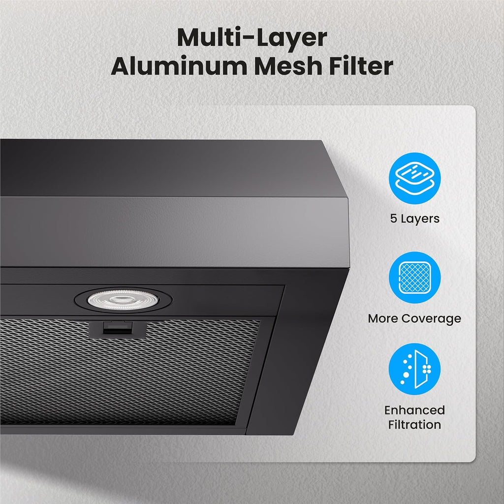 VIKIO HOME Under Cabinet Range Hood 30 Inch, 1200 CFM Dual-Motor Kitchen Vent with LED Lights, Button Control, Ducted Stainless Steel Vent Hood, Reusable 5-Layer Aluminum Filters, Black