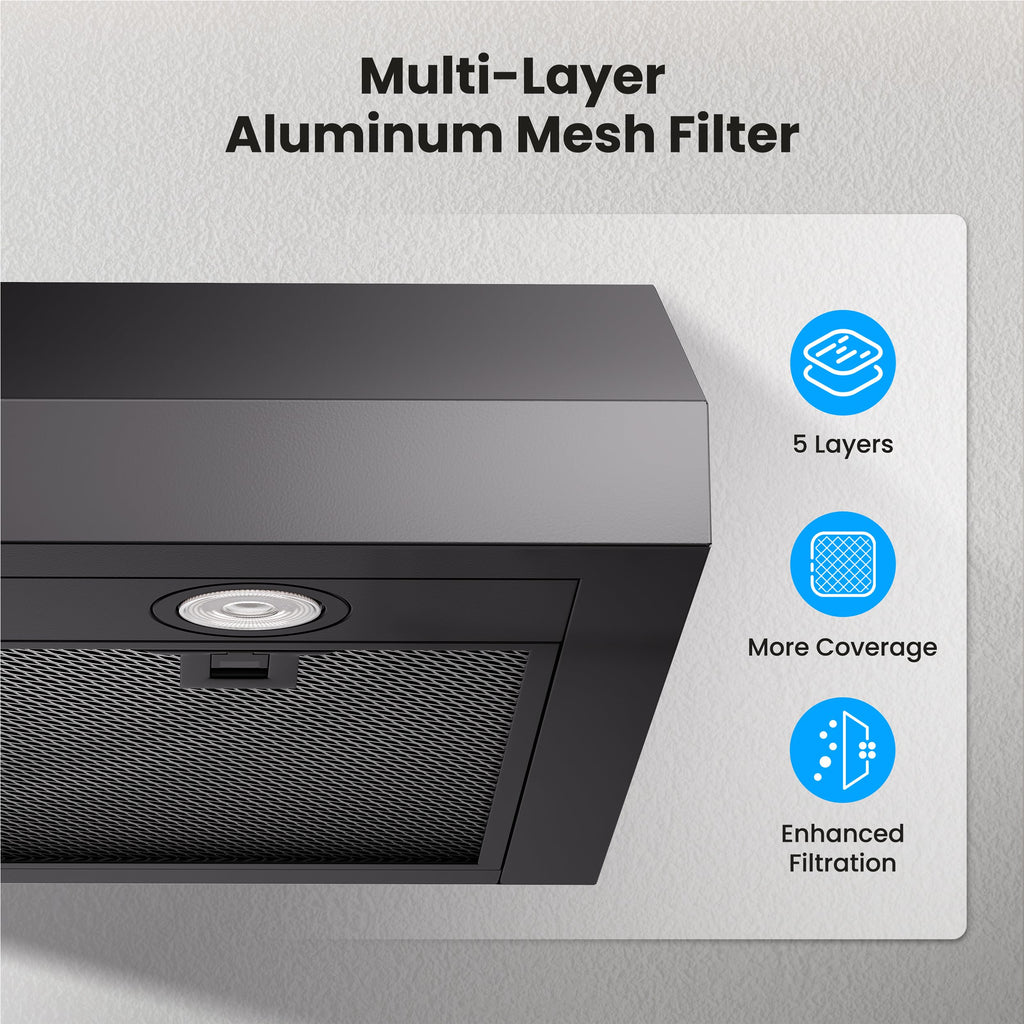 VIKIO HOME Under Cabinet Range Hood 30 Inch, 1200 CFM Dual-Motor Kitchen Vent with LED Lights, Button Control, Ducted Stainless Steel Vent Hood, Reusable 5-Layer Aluminum Filters, Black