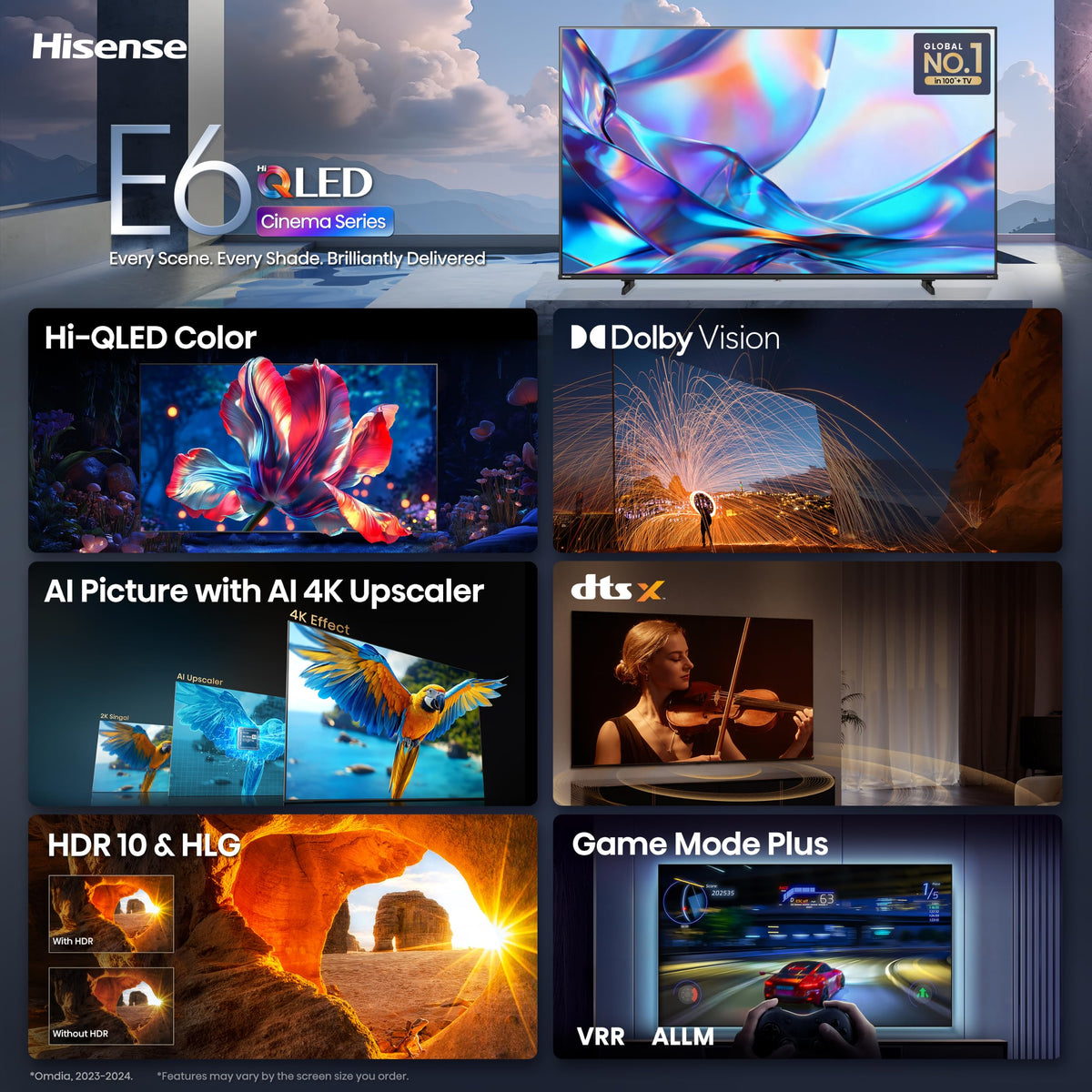 Hisense 55" Class E6SR Series Hi-QLED 4K UHD Smart Roku TV (55E6SR, 2026 Model) - Dolby Vision, Game Mode Plus, VRR, ALLM, DTS Virtual:X, Apple AirPlay, Compatible with Alexa and Google Assistant