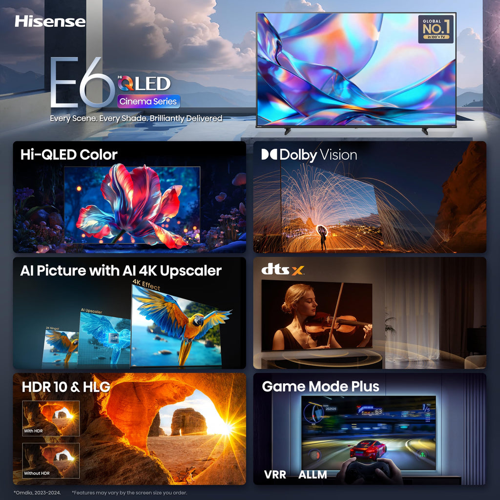 Hisense 55" Class E6SR Series Hi-QLED 4K UHD Smart Roku TV (55E6SR, 2026 Model) - Dolby Vision, Game Mode Plus, VRR, ALLM, DTS Virtual:X, Apple AirPlay, Compatible with Alexa and Google Assistant