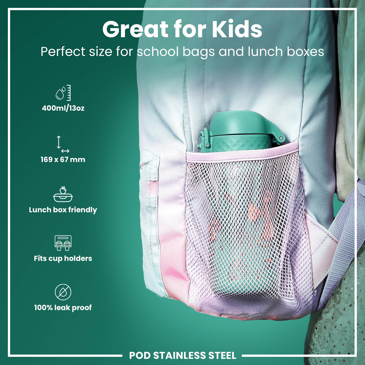 ION8 Lightweight Steel Kids Water Bottle, 400ml/13oz, Purple Unicorns