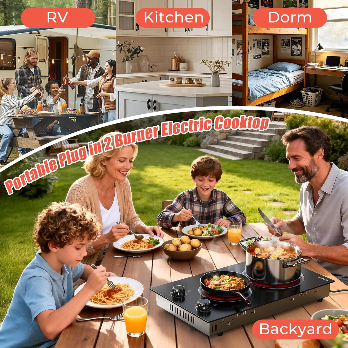 2 Burner Electric Cooktop 110V 2000W Countertop or Built-in